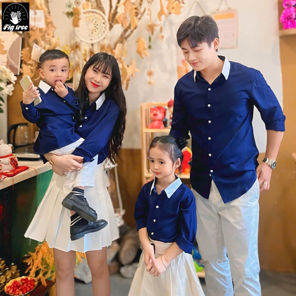 Combo Áo Sơ Mi Gia Đình Fig Tree Màu Xanh Đen Phối Màu Trắng Siêu Xinh!!