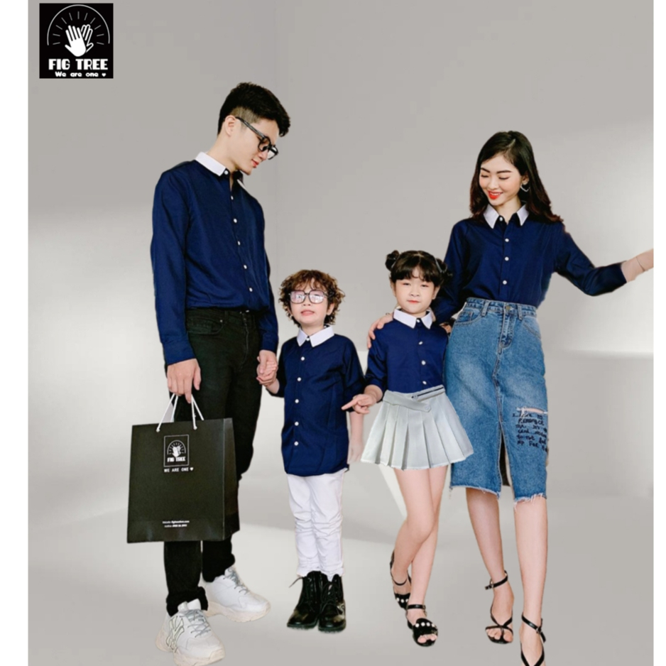 Combo Áo Sơ Mi Gia Đình Fig Tree Màu Xanh Đen Phối Màu Trắng Siêu Xinh!!