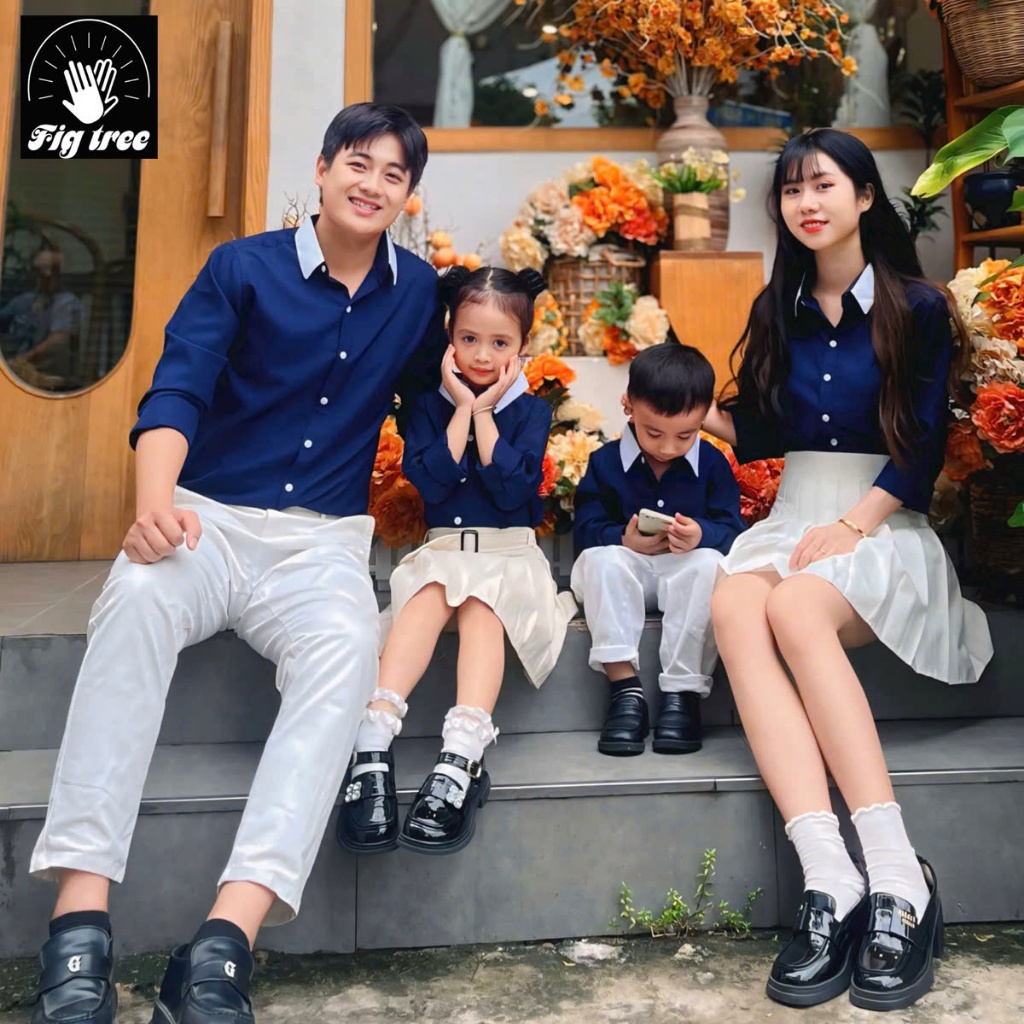 Combo Áo Sơ Mi Gia Đình Fig Tree Màu Xanh Đen Phối Màu Trắng Siêu Xinh!!