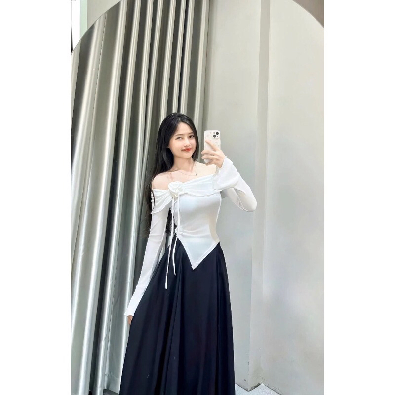 Áo trễ vai kiểu tay dài ống loe - có BIGSIZE - Set áo váy đi biển chất thun tăm phong cách Tỷ Tỷ Trung Hoa  A334 | BigBuy360 - bigbuy360.vn