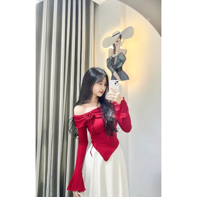 Áo trễ vai kiểu tay dài ống loe - có BIGSIZE - Set áo váy đi biển chất thun tăm phong cách Tỷ Tỷ Trung Hoa  A334 | BigBuy360 - bigbuy360.vn