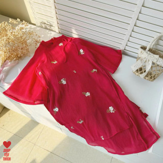 Áo dài đính dây nơ thêu hoa Mozi. Áo dài lụa cao cấp cho bé gái (Shop yêu thích)