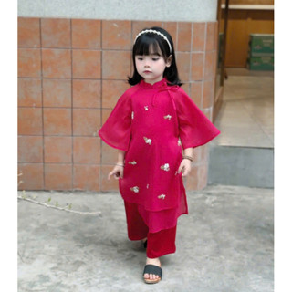 Áo dài đính dây nơ thêu hoa Mozi. Áo dài lụa cao cấp cho bé gái (Shop yêu thích)