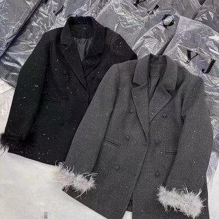 Set áo vest dạ nhũ tay lông bling và chân váy cạp cao tôn dáng cao cấp phong cách tiểu thư
