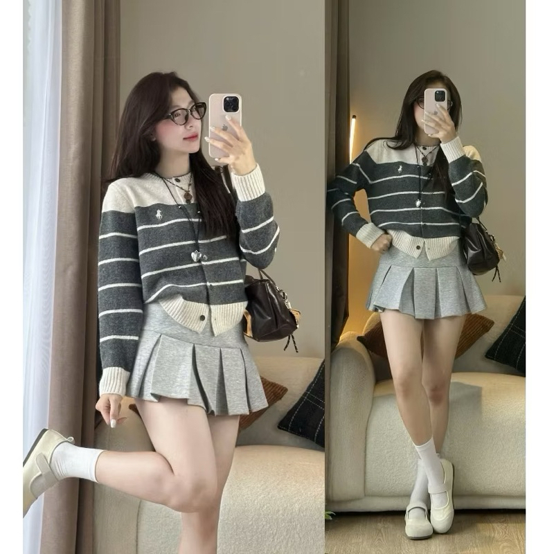 [Hàng có sẵn] Áo len Cardigan phối kẻ thêu ngựa 818