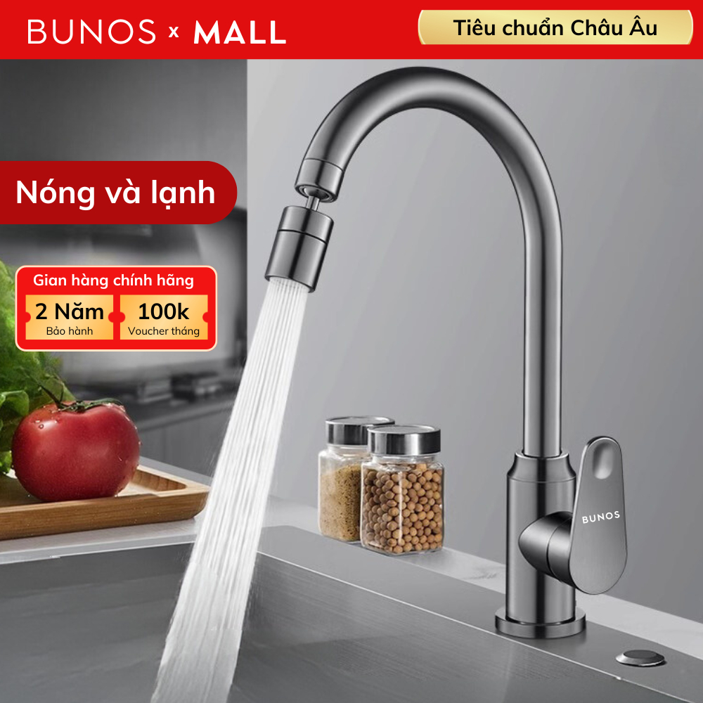 Vòi rửa chén nóng lạnh BUNOS chất liệu thép không gỉ, 2 chế đô phun nước