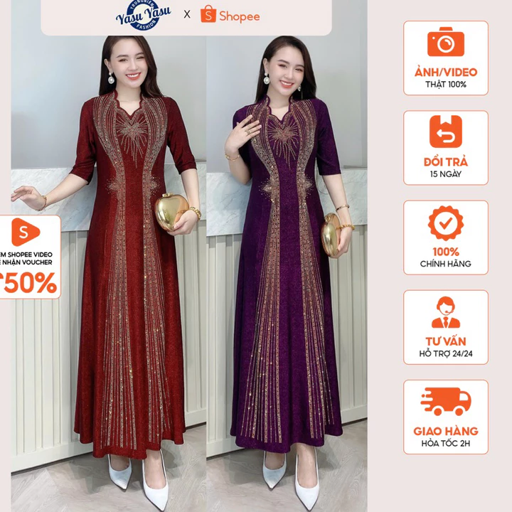 Váy Trung Niên Dáng Dài Chất Liệu Thun Nhũ Đính Đá Sự lựa chọn hoàn hảo cho phái đẹp trung niên sang trọng, quý phái
