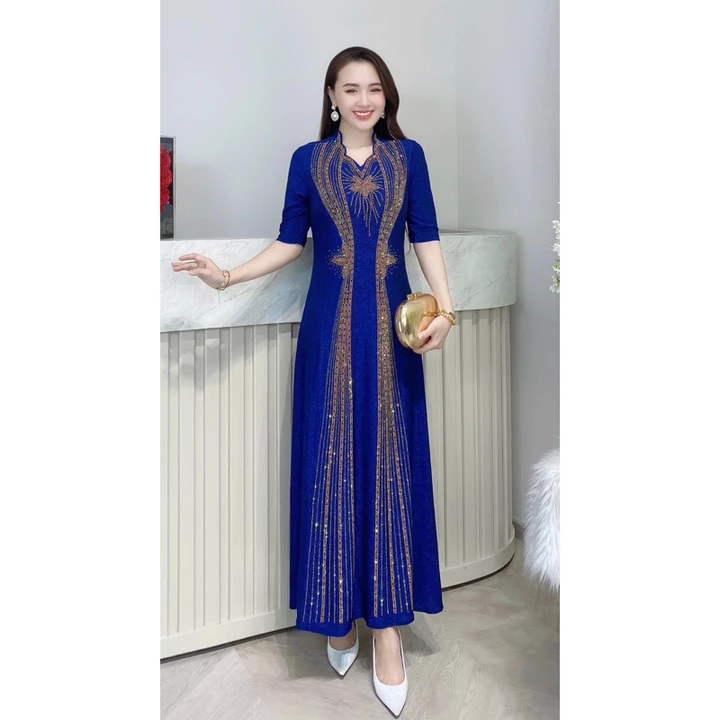 Váy Trung Niên Dáng Dài Chất Liệu Thun Nhũ Đính Đá Sự lựa chọn hoàn hảo cho phái đẹp trung niên sang trọng, quý phái