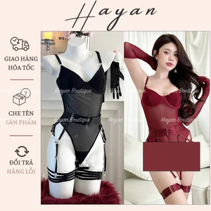 JUM9 Đồ ngủ bodysuit ren có GỌNG kèm GANG TAY, bộ jumsuit cosplay liền thân kèm dây đai Garter JUM9