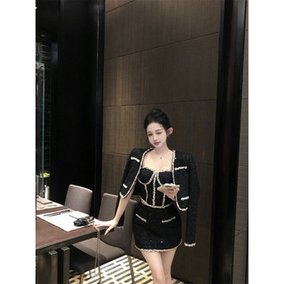Set dạ tweet bộ ba món áo khoác croptop có đệm vai áo ống có lót ngực chân váy ngắn hách dáng có quần bảo hộ sang chảnh
