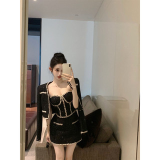 Set dạ tweet bộ ba món áo khoác croptop có đệm vai áo ống có lót ngực chân váy ngắn hách dáng có quần bảo hộ sang chảnh