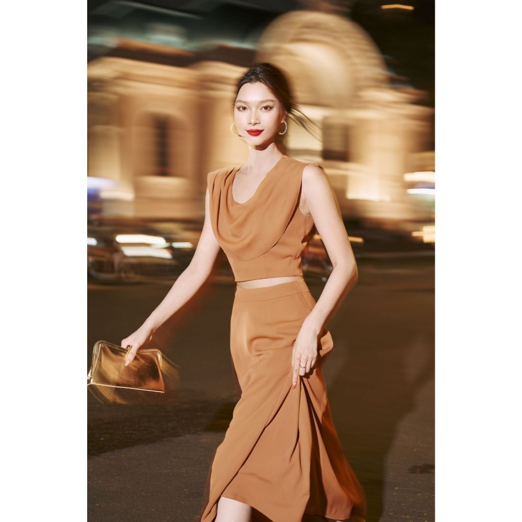 Vella Fashion set áo croptop cổ đổ không tay phối chân váy midi dáng xòe VA24117 VV24118
