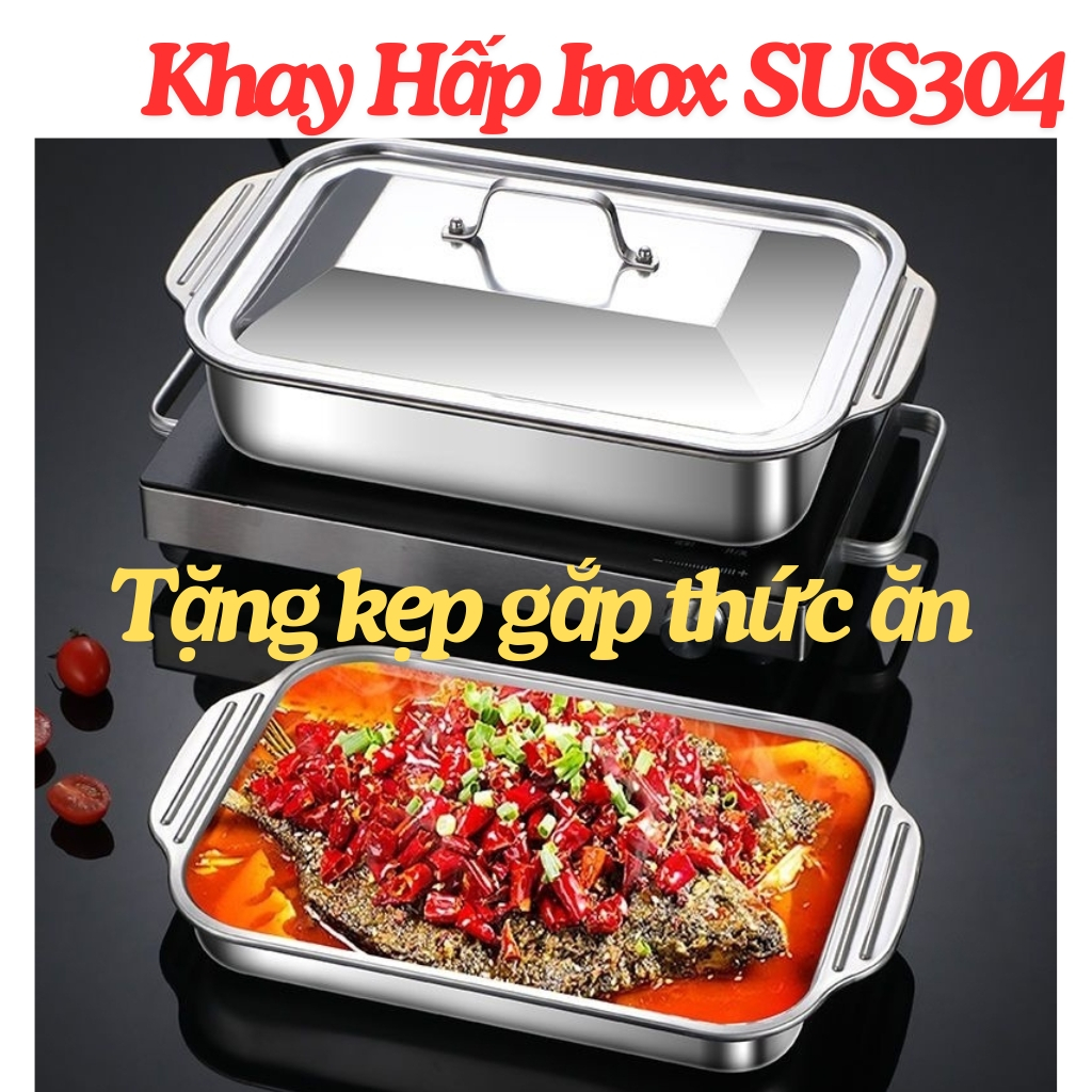 [Tặng Kẹp Gắp Thức Ăn] Khay Om Cá Inox Có Nắp, Khay Nấu Ăn, Nướng Bánh, Nấu Lẩu Đa Năng