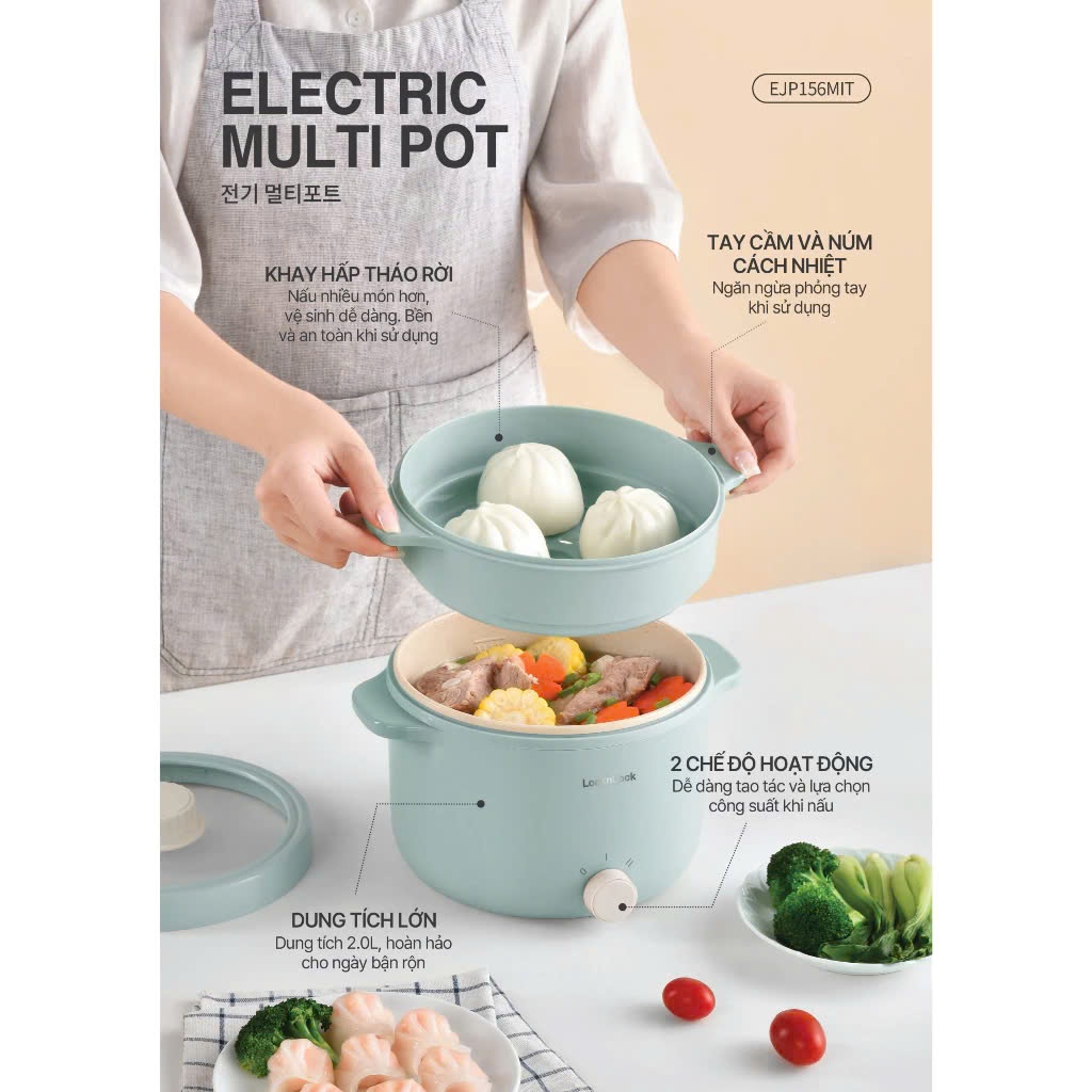 Nồi điện đa năng LocknLock Electrc Multi Pot EJP156MIT 220V, 600W dung tích 2L, Màu Mint - K-MALL