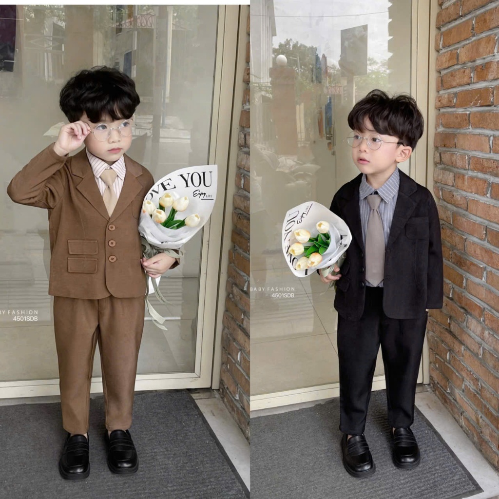 Bộ vest công tử 4 chi tiết phong cách Hàn Quốc, bộ suit comple phối nắp túi cá tính cho bé trai