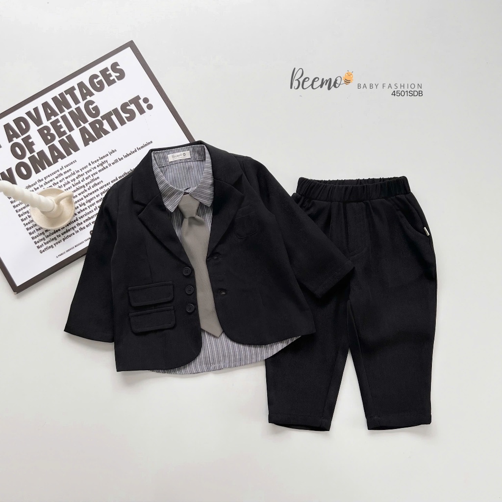 Bộ vest công tử 4 chi tiết phong cách Hàn Quốc, bộ suit comple phối nắp túi cá tính cho bé trai