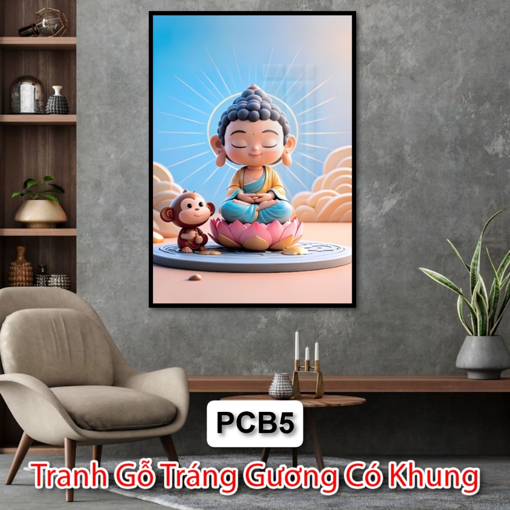 Tranh Gỗ Tráng Gương Hình Phật ChiBi Dễ Thương Cute - Tranh Gỗ Tráng Gương Phật Giáo - Tranh Phật Tráng Gương Đẹp