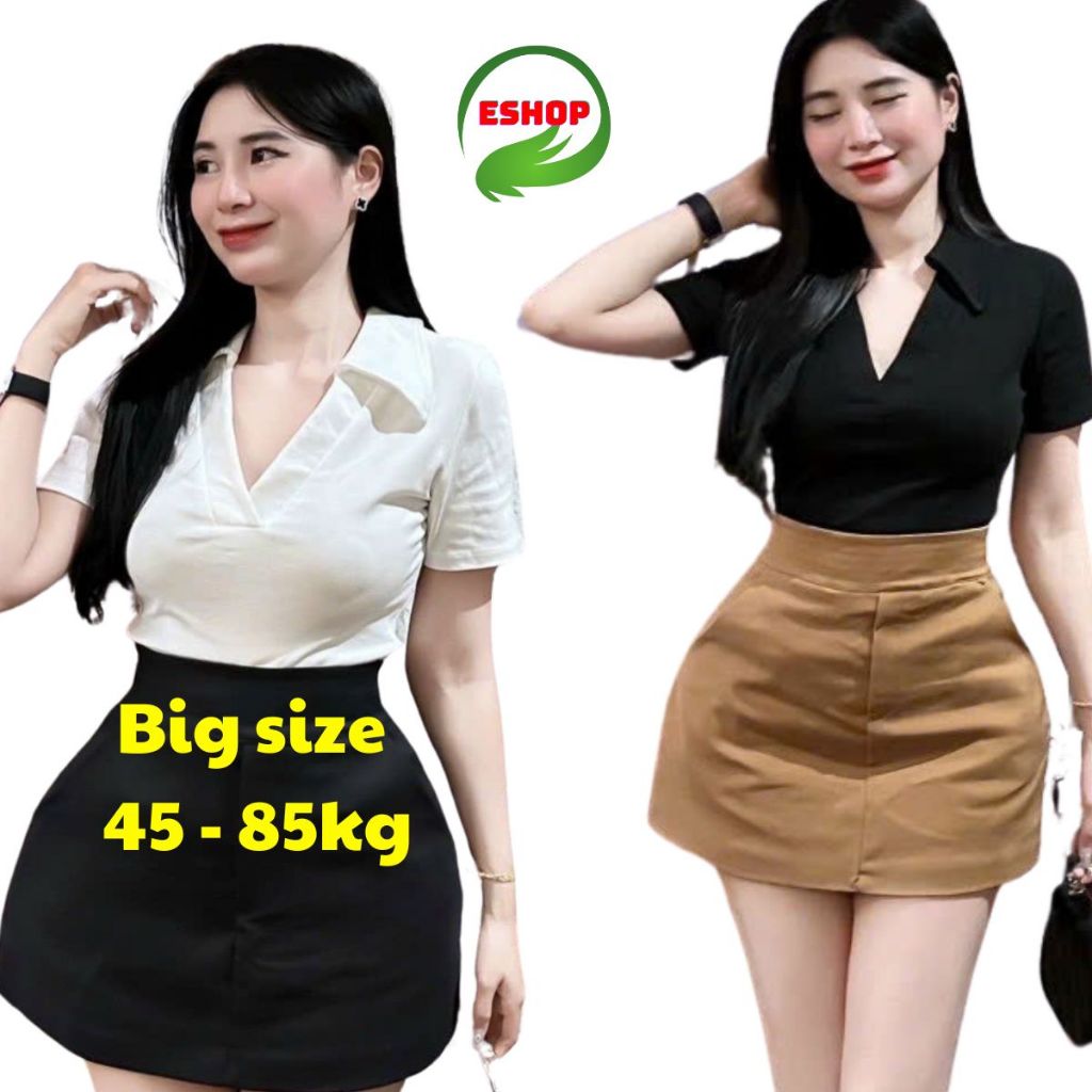Áo Kiểu Nữ Bigsize 40-85kg Tay Ngắn Cổ V Cổ Polo Thun Gân Tăm Lạnh Co Giãn Dễ Thương ESHOP MS314