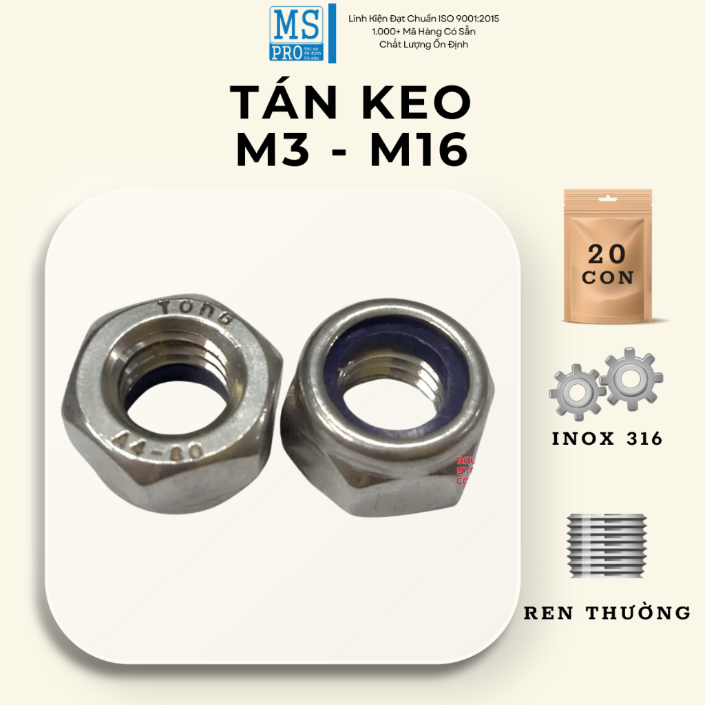 Tán keo ecu chống trượt, chống tháo INOX 316 DIN985 MS PRO M3 M4 M5 M6 ...