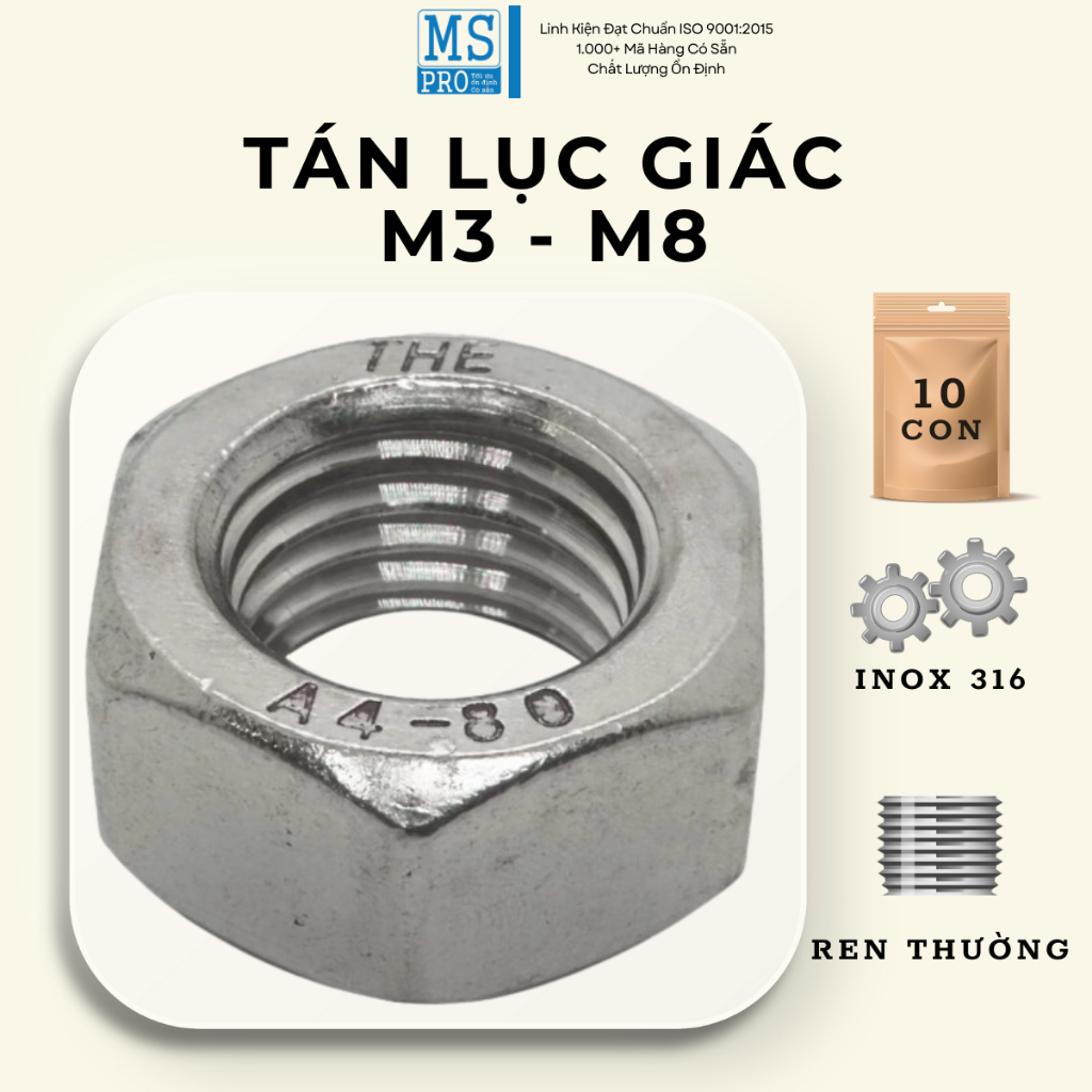 [20 con] Đai ốc, tán dẹp, tán ecu INOX 316 MS PRO M3 - M8 REN THƯỜNG ...
