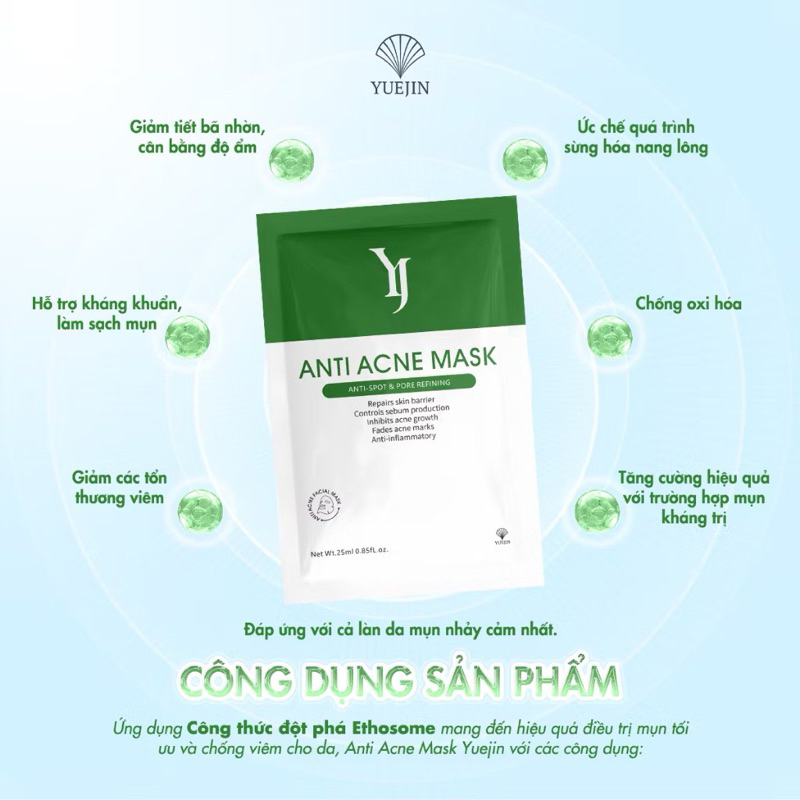 Combo 5-10 miếng Mặt nạ giảm mụn Yuejin Anti Acne Mask hiệu quả dành cho da dầu mụn 25ml hạn 2028 IS167