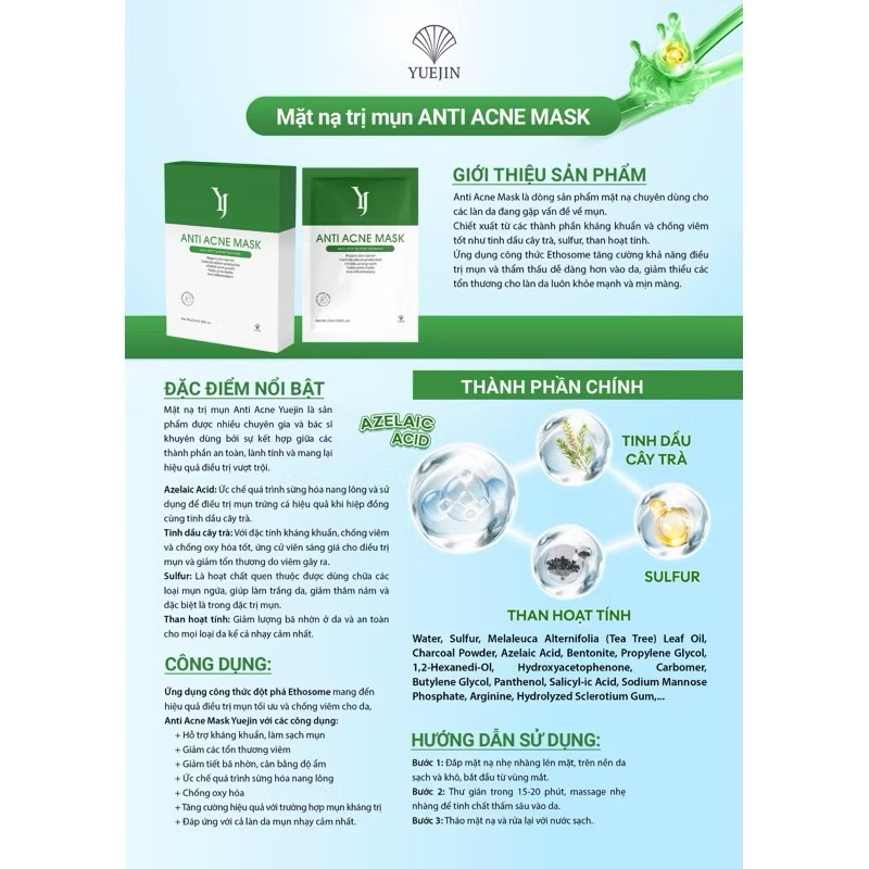 Combo 5-10 miếng Mặt nạ giảm mụn Yuejin Anti Acne Mask hiệu quả dành cho da dầu mụn 25ml hạn 2028 IS167