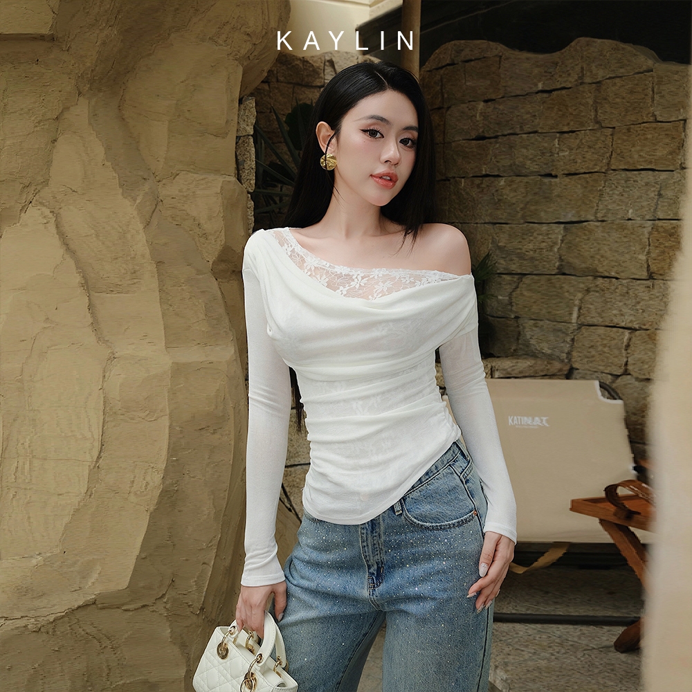 Ảnh Áo kiểu KAYLIN tay dài lệch vai phối ren chất vải lụa thun mỏng nhẹ phong cách gợi cảm - N2363 1