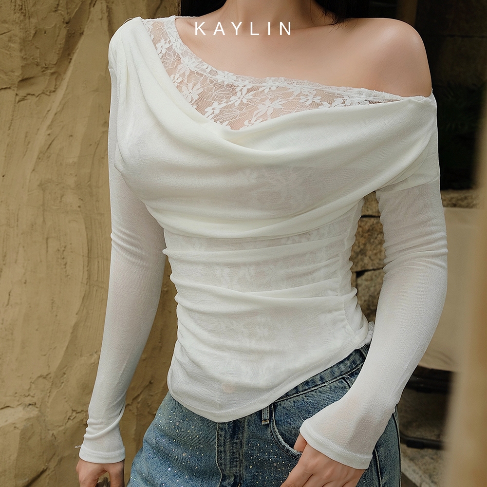 Ảnh Áo kiểu KAYLIN tay dài lệch vai phối ren chất vải lụa thun mỏng nhẹ phong cách gợi cảm - N2363 3