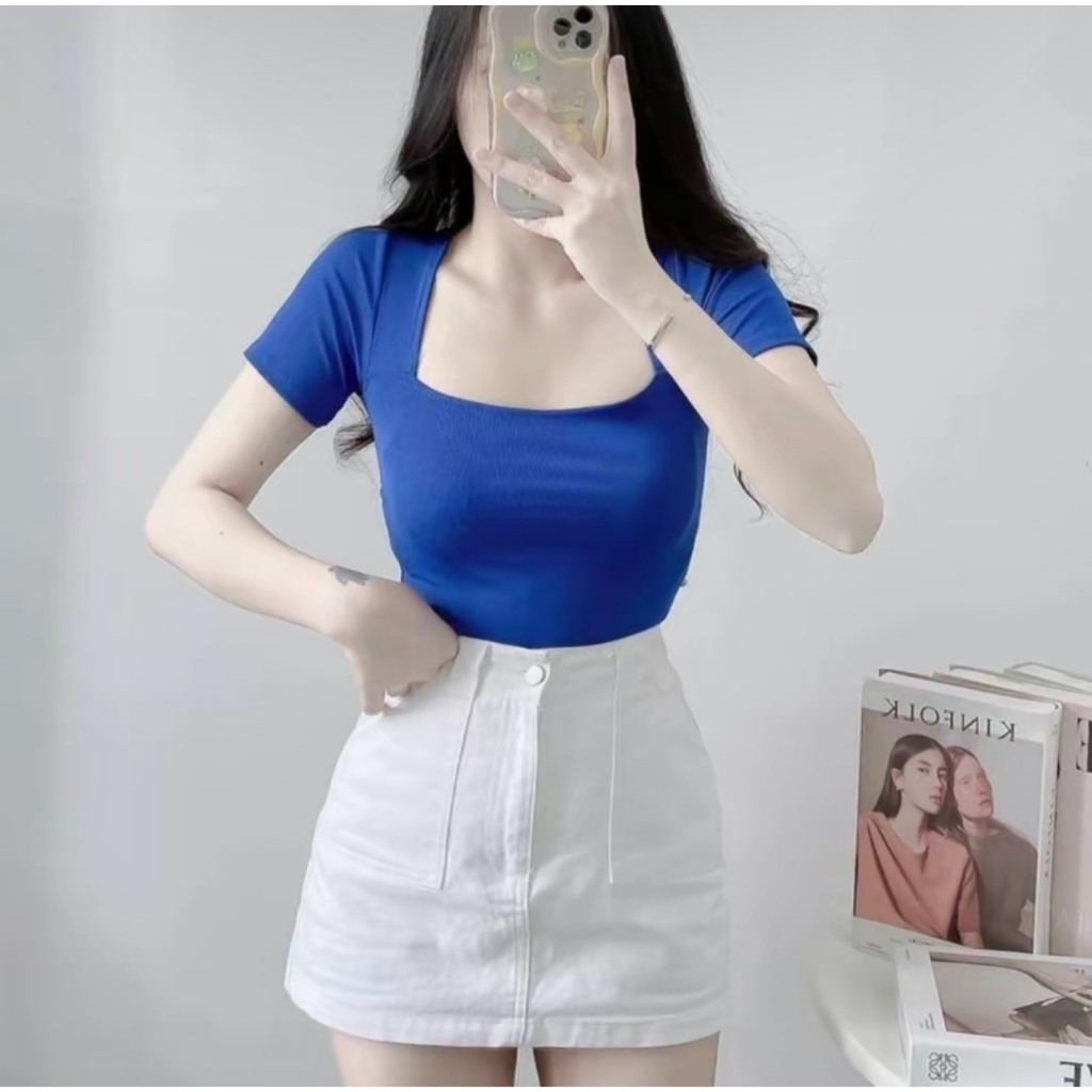 Áo Thun Nữ ESHOP Bigsize Cổ Vuông Tay Ngắn MS004 Thun Gân Tăm Co Giãn Mềm Mịn Form Rộng 45-85kg