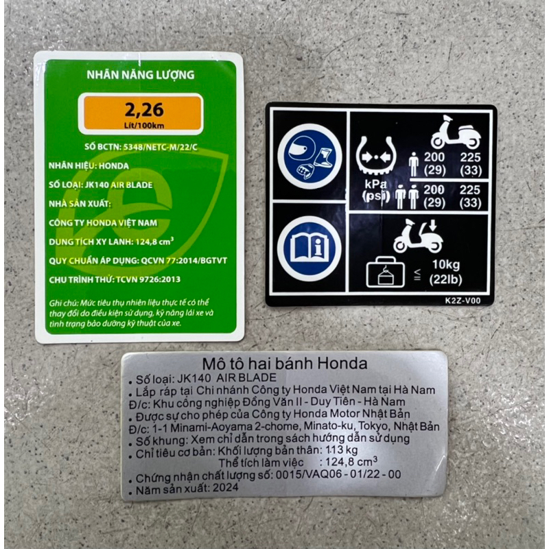 Tem thông số Airbalde 125i 2022-2023-2024 chuẩn Zin hãng