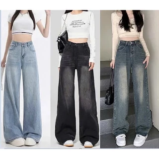 Quần jean bò ống rộng suông xuông nữ jeans cạp cao phong cách style ms19
