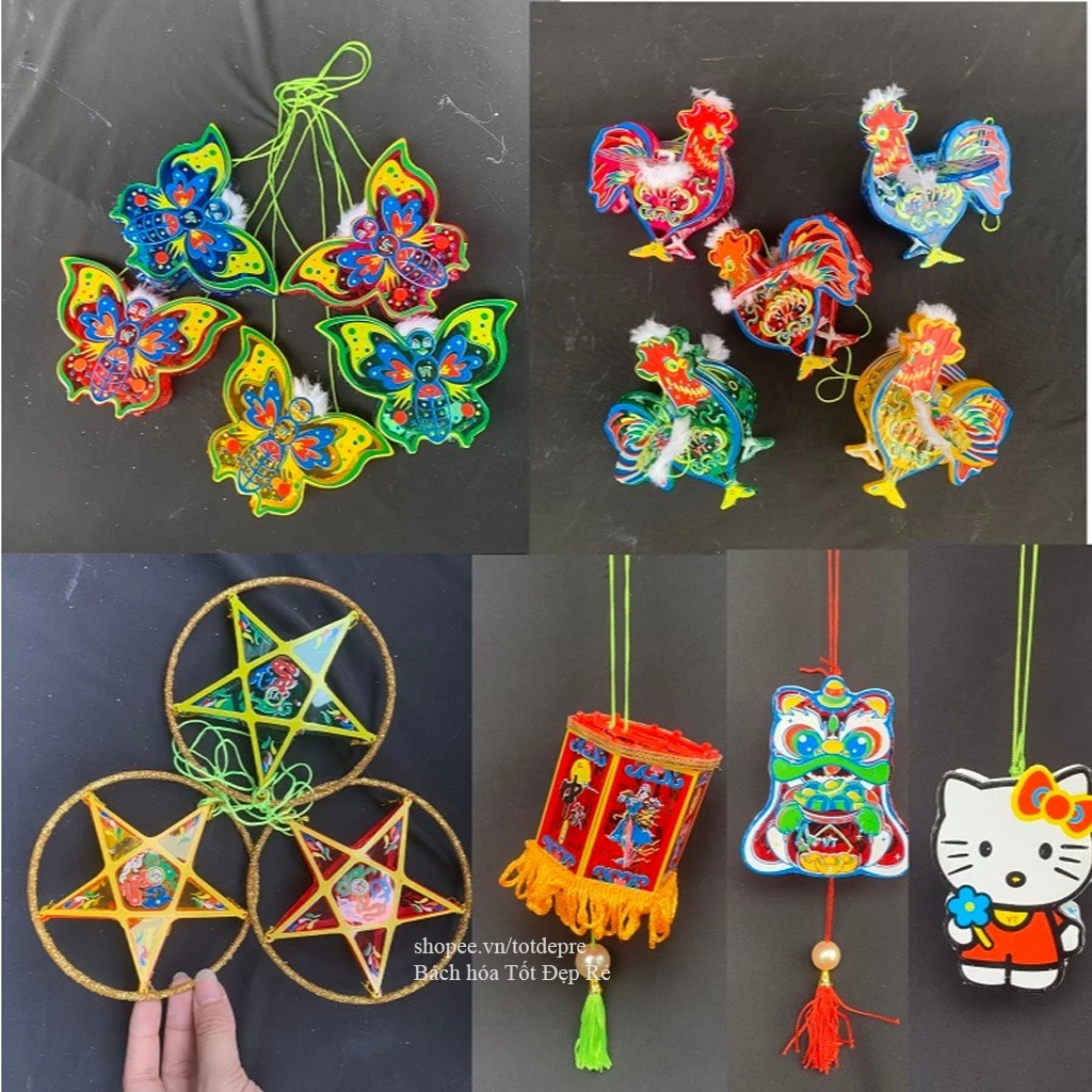 Đèn lồng trung thu giấy kiếng kính truyền thống hình con vật 3D mini ngộ nghĩnh làm từ giấy đỏ lung linh khung nhựa bền