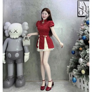 Set váy nữ thời trang mặc Tết 2025 áo gấm kiểu tàu màu đỏ tay búp bo thun phối chân váy voan tầng sành điệu