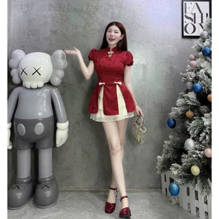 Set váy nữ thời trang mặc Tết 2025 áo gấm kiểu tàu màu đỏ tay búp bo thun phối chân váy voan tầng sành điệu