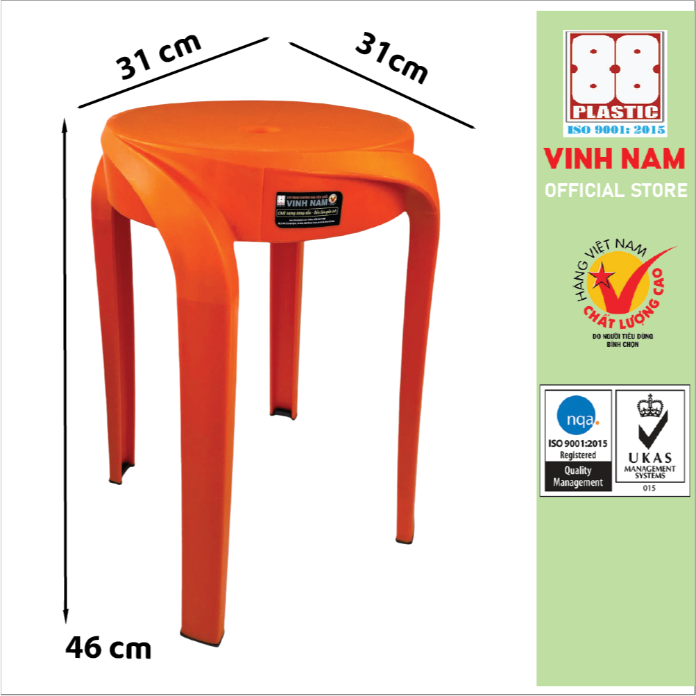 Ghế Đẩu Cao Có Đế Chống Trượt Vinh Nam Plastic Size 31x31x46cm Ghế Nhựa PP Cao Cấp Chắc Chắn 042