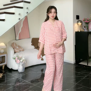 Larosa Đồ Bộ Bầu Dài Áo Cổ Tàu Mặc Nhà Chất Liệu Caro Cao Cấp Mềm Mát - LA025B