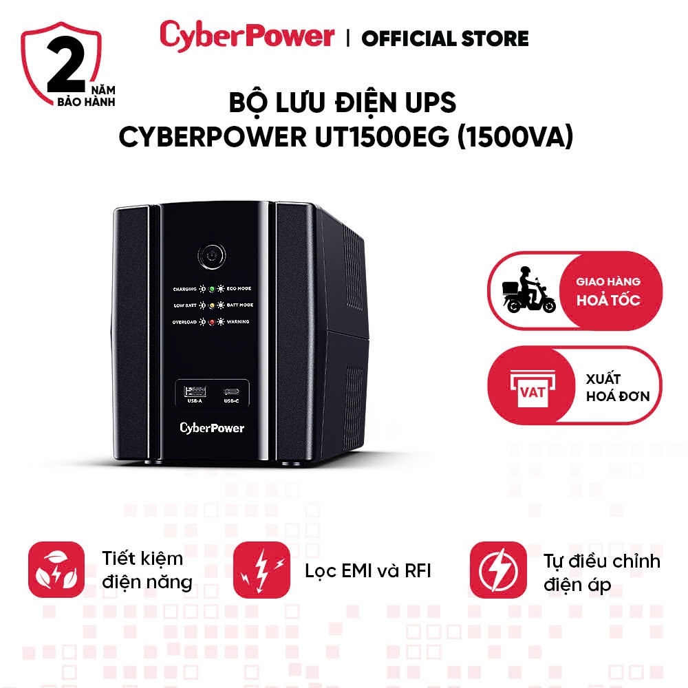 Bộ Lưu Điện UPS CyberPower UT1500EG 1500VA 900W, Ổn Áp AVR, Bảo Vệ PC ...