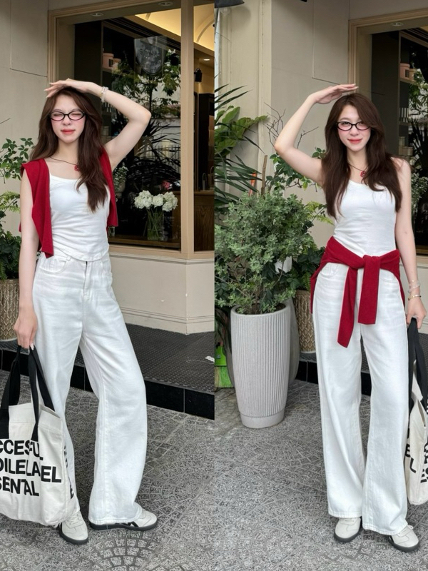 Ảnh Quần jeans nữ trắng trơn ống suông tôn dáng Emix 1