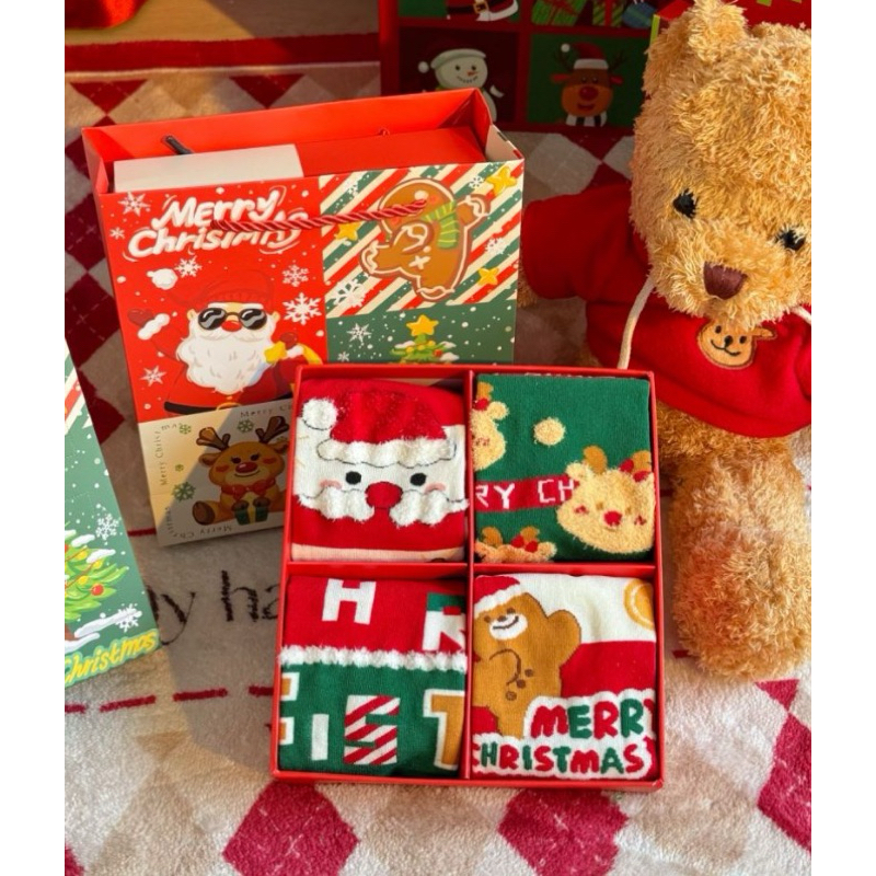 [KÈM HỘP ĐỰNG] Set Combo 4 Đôi Tất Vớ Cổ Cao Noel Giáng Sinh Tone Xanh Đỏ Blindbox Quà Tặng Độc Đáo Dễ Thương Unisex