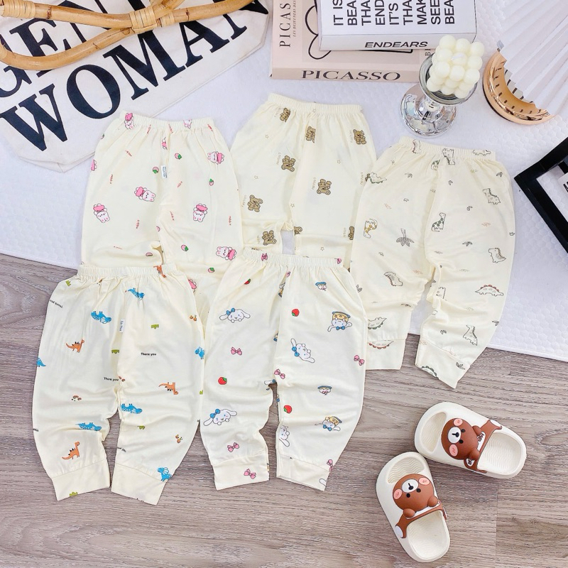 Combo 5 quần dài thun lạnh petit nền kem aki cho bé từ 3 đến 14kg