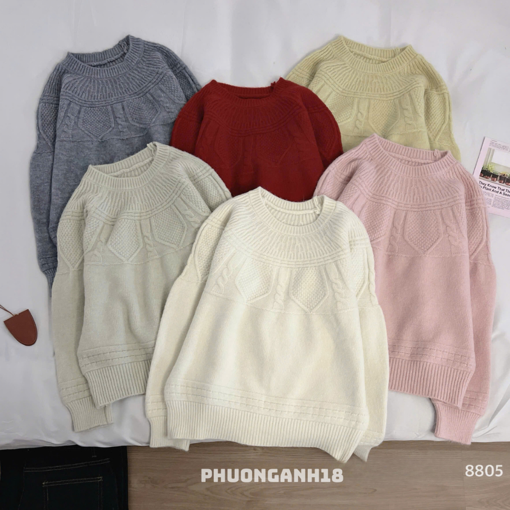 (Xả Kho ) Áo len cổ tròn họa tiết hoa văn 8805