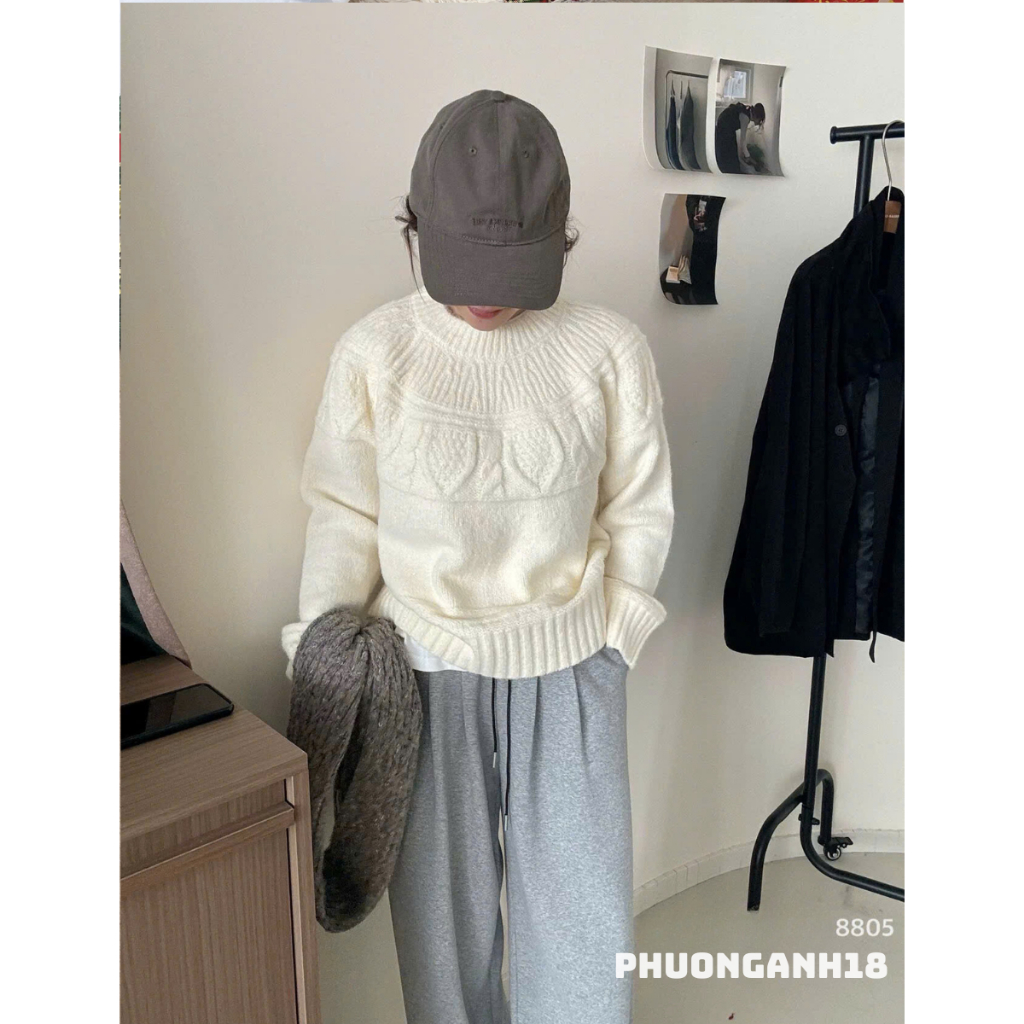 (Xả Kho ) Áo len cổ tròn họa tiết hoa văn 8805