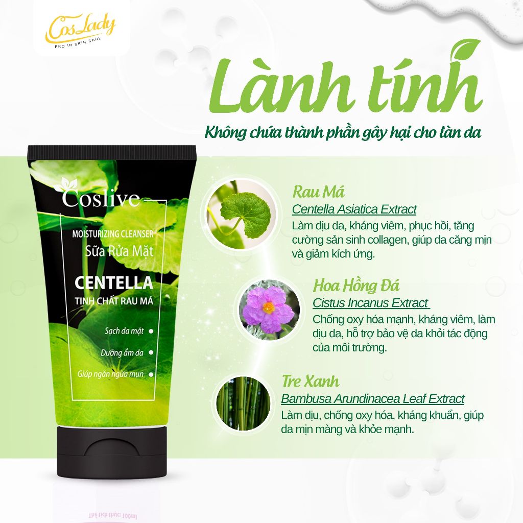 Sữa Rửa Mặt Rau Má Coslive 120ml - Cân bằng Độ PH, Hạn Chế Khô Căng Dưỡng Sáng Da Sau Khi Rửa Mặt.