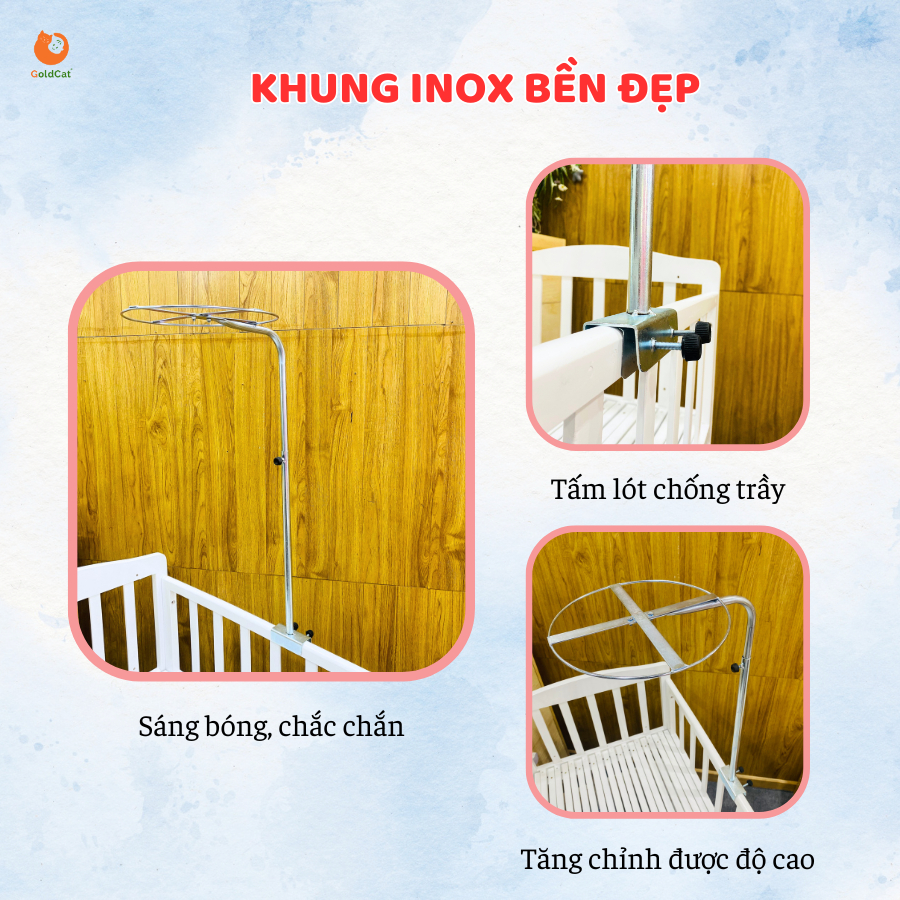 Ảnh Màn Cũi Cho Bé GOLDCAT Và Cây Treo, Mắt Lưới Thoáng Khí Chống Muỗi Và Trùng,Khung Treo Tăng Chỉnh Độ Cao Thông Minh 3