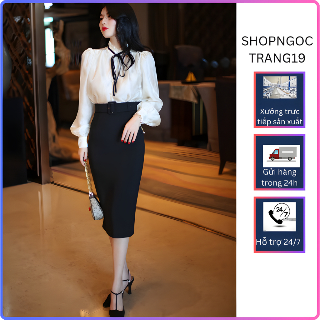 Chân Váy Bút Chì 70cm Phối Đải Vải Theo Màu Tạo Điểm Nhấn SHOPNGOCTRANG19 Chất Vitex 2 Lớp Mã 182