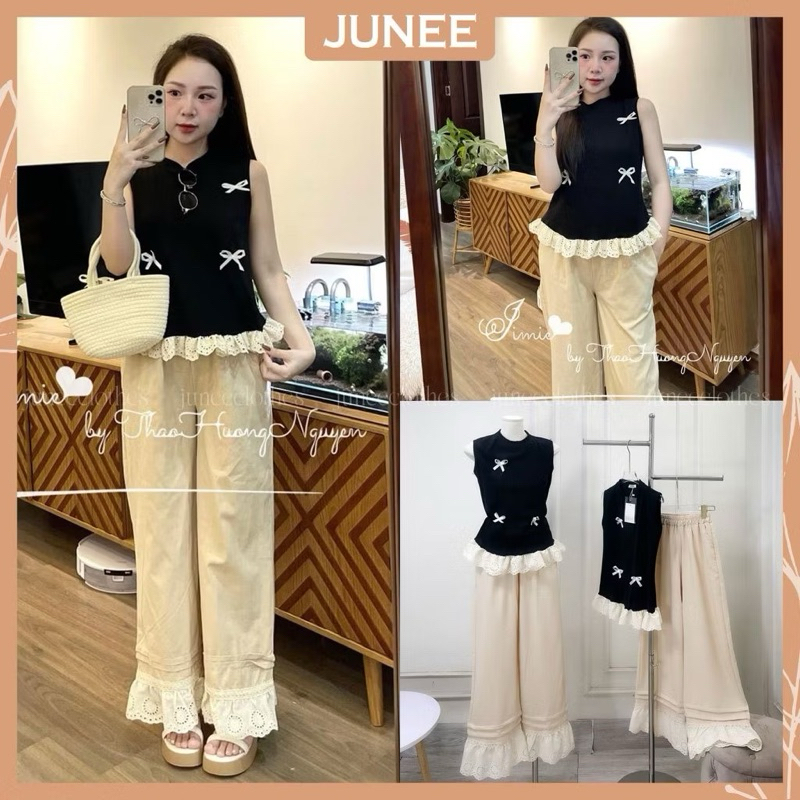 L210- Set Bộ Đồ Nữ Áo Sát Nách Cổ Tròn Đính Nơ Phối Viền Ren Mix Quần Dài Suông Ống Tầng Ren Dáng Rộng