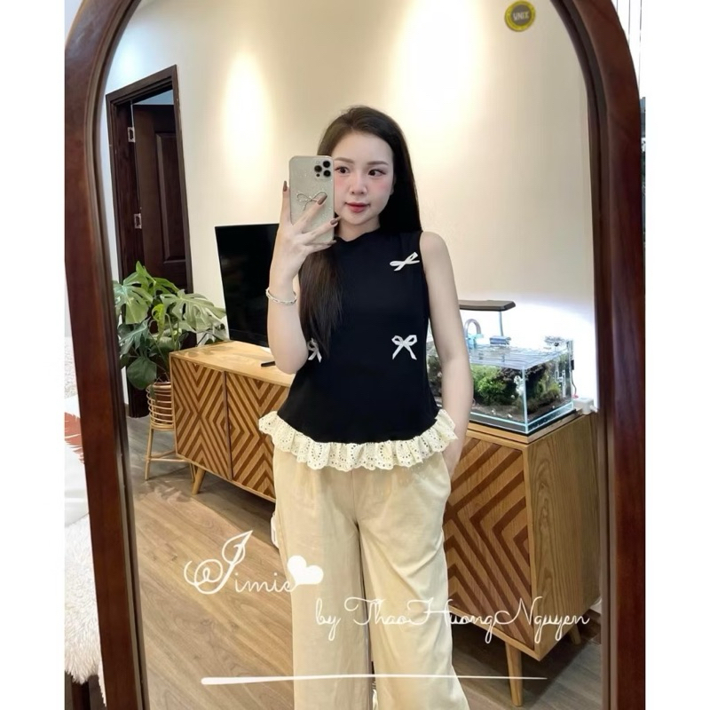 L210- Set Bộ Đồ Nữ Áo Sát Nách Cổ Tròn Đính Nơ Phối Viền Ren Mix Quần Dài Suông Ống Tầng Ren Dáng Rộng