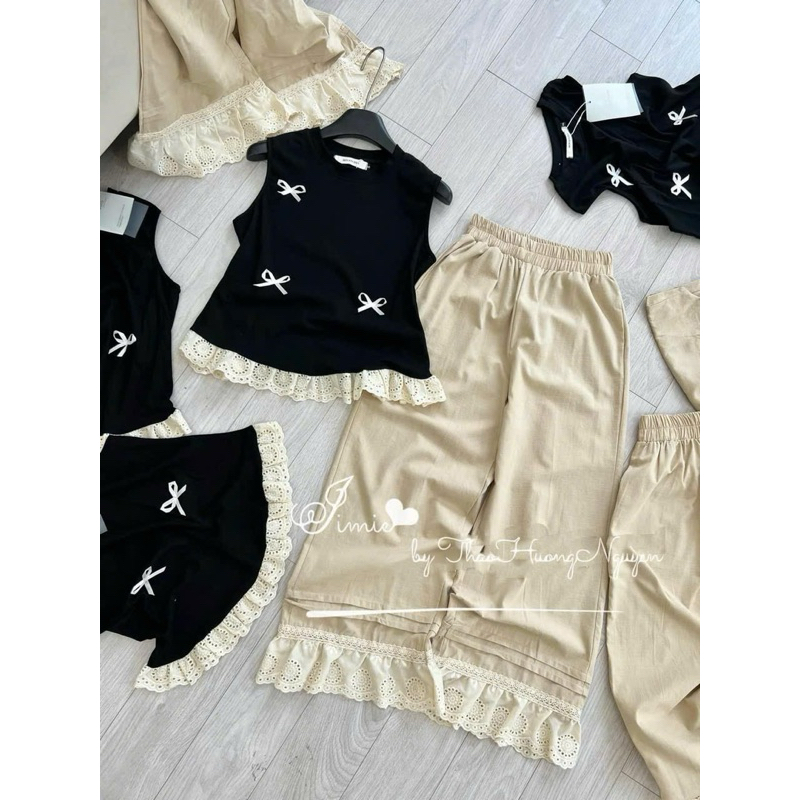 L210- Set Bộ Đồ Nữ Áo Sát Nách Cổ Tròn Đính Nơ Phối Viền Ren Mix Quần Dài Suông Ống Tầng Ren Dáng Rộng
