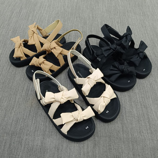 Giày Sandal Nữ 2 Quai Phối Nơ,Dép Quai Hậu Da Mềm Phong Cách Hàn Quốc.