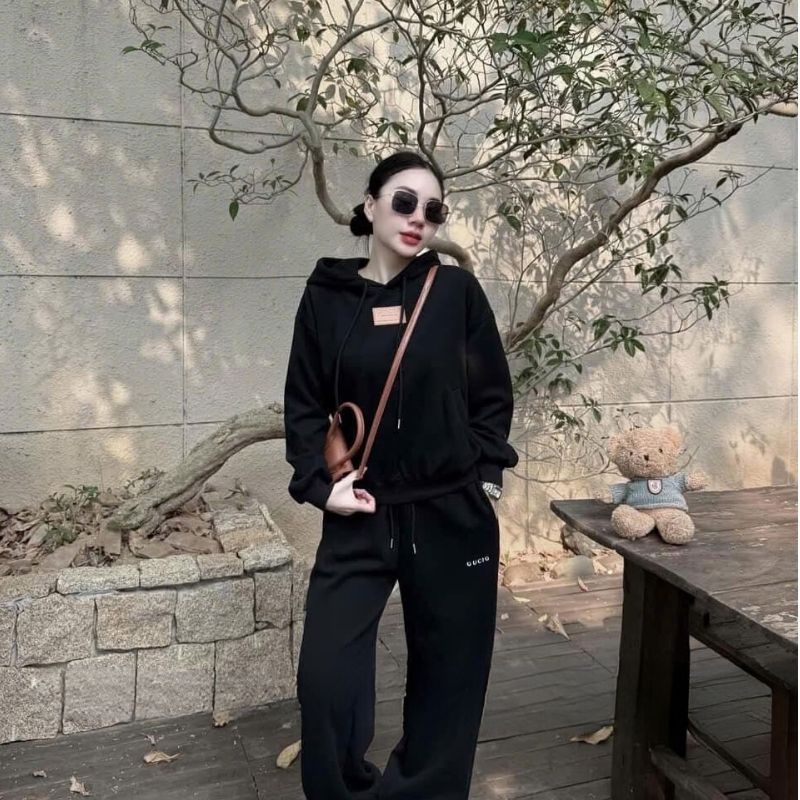 đồ bộ nữ thu đông ,áo hoodie nữ form rộng dày phối quần suông cạp chun 3 màu đỏ kem đen Donna hcom3693